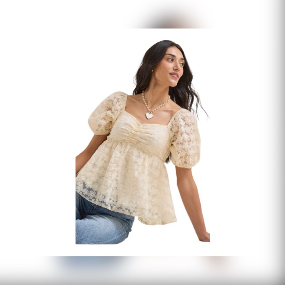 Altar'd State Cream Lace Puff Sleeve Blouse